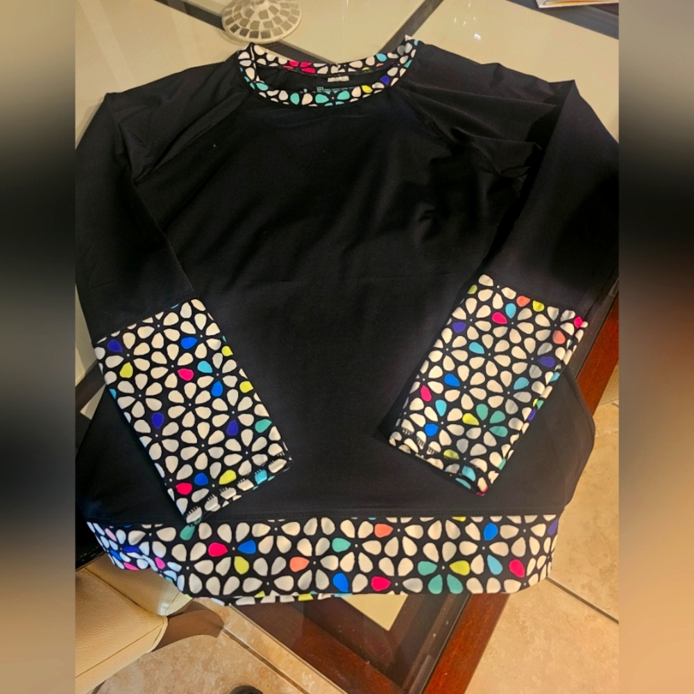 ANNE COLE BLACK with trim Rash Guard long sleeve top built in bra